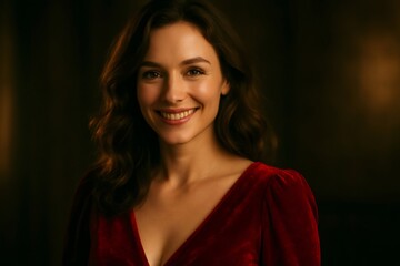 Fototapeta premium Young woman smiling, looking at camera, expressing happiness, beauty and confidence in a stylish red velvet dress