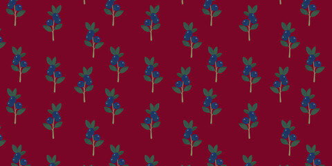 Nature seamless horizontal pattern. Branches of green leaves with blue berries on a red and brown background. Plant print for textiles, paper, and fabric.