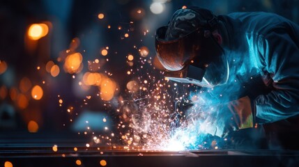 A worker in a protective suit welds metal parts on a construction site after dark with sparks flying and bright light illuminating the area. The background shows city lights.