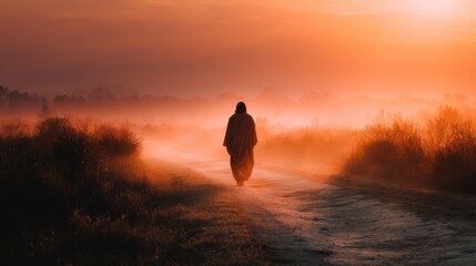 An individual walks alone along a dirt path in a rural landscape. Fog surrounds the area as the sun rises casting an orange and pink glow across the scene.