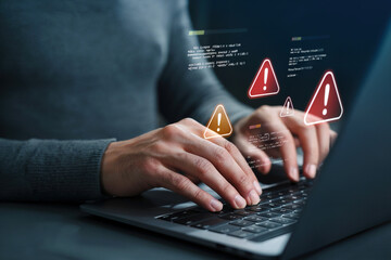 Cybersecurity concept showing warning signs and a secure padlock on a digital interface