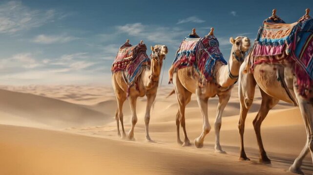 Line of camels with bright saddles walk across warm desert dunes beneath a crystal blue sky, sunlit