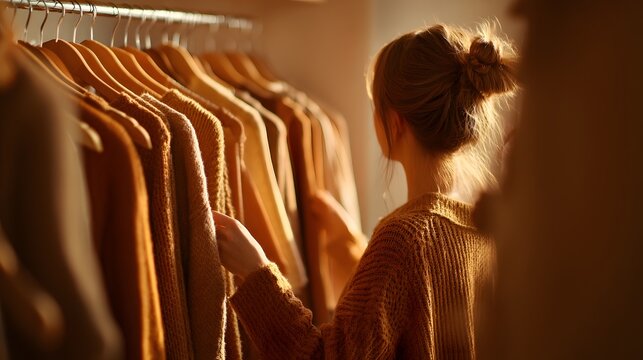 Woman browsing through a rack of warm toned sweaters in a boutique.