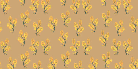 Nature seamless horizontal pattern. Branches of yellow autumn leaves on a beige background. Plant print for textiles and fabrics.