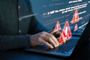 Cybersecurity concept showing warning signs and a secure padlock on a digital interface