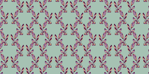 Nature seamless horizontal pattern. Striped purple and burgundy leaves on a green background. Plant print for textiles and fabrics.