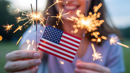 Joyful celebration with sparklers and american flag, symbolizing freedom and patriotism