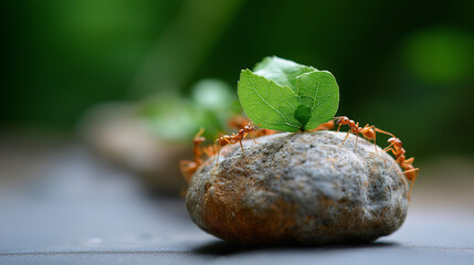 Ants collaborate to nurture new leaf on stone in tranquil natural setting, defocused insect cooperation, nature's teamwork, organic collaboration, environmental partnership visuali