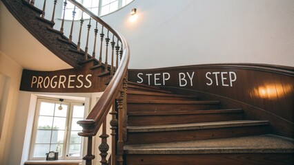 Wooden Spiral Staircase with the phrase Step by Step