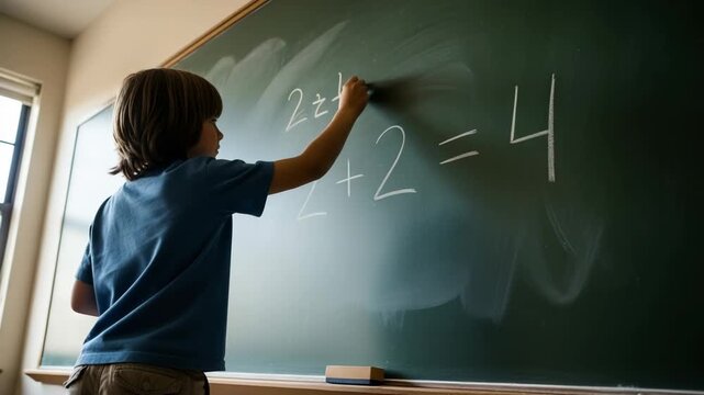 A young male child writes a math equation on a green chalkboard. This educational scene depicts learning and problem-solving. Ideal for childhood education and academic development concepts