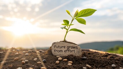 Young plant emerging from stone with motivational text