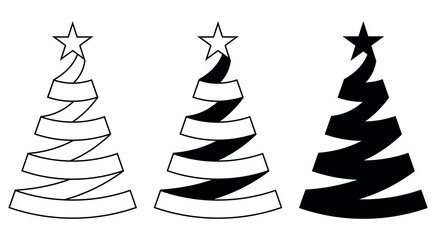 set of Christmas tree spiral ribbon decoration illustration of a black and white decorated ribbon and star