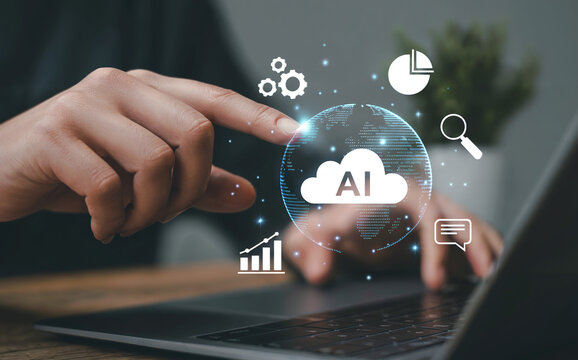 AI cloud computing and data analytics concept. Businessman touching virtual globe with cloud AI icon image - Powered by Adobe