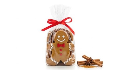 Gingerbread man cookie in a clear plastic bag with a red ribbon bow. Homemade Christmas gift with cinnamon sticks and star anise on white background. Holiday sweet treat concept