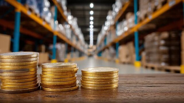 Wealth in Storage: Stacks of gold coins symbolize growth and wealth, positioned prominently against a backdrop of a bustling warehouse with rows of organized goods.