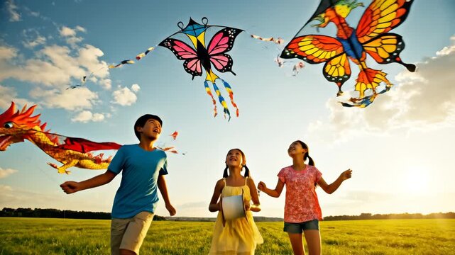 Children flying kites in field