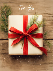 Festive Gift Box with Red Ribbon and Pine Needles on Rustic Wood