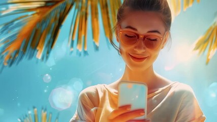 The girl wearing glasses by the pool with palm trees embodies relaxation and comfort — a universal background for advertising tourism or summer accessories.
