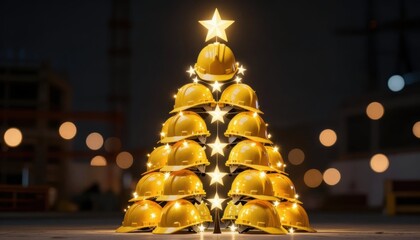 Construction helmet christmas tree celebration urban setting holiday decor background technology for new year 2026