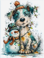 Whimsical Christmas Dog and Snowman with Festive Lights