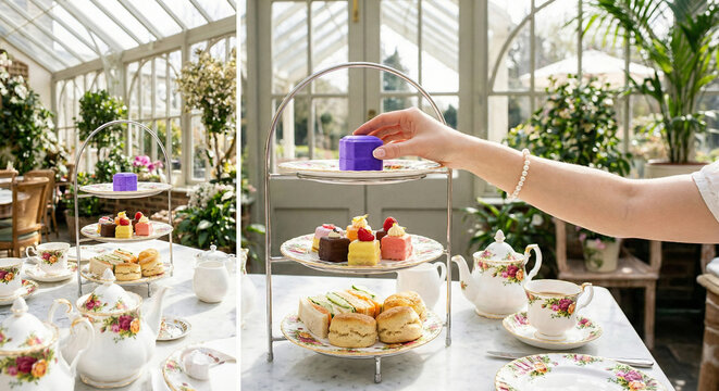 Elegant afternoon tea with scones and pastries in a bright sunroom
