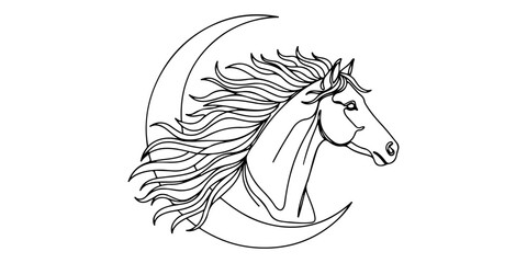 Continuous one line of a horse with flowing mane shaped like a crescent moon, artistic lunar symbolism, hand drawn vector illustration. © Haus