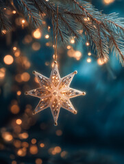Festive Golden Star Ornament on Pine Branch with Magical Bokeh Background