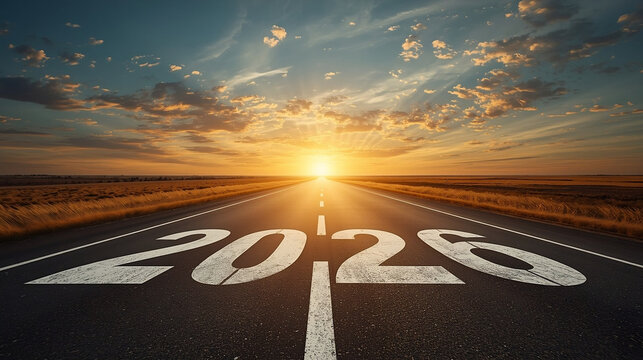 Wide-angle photograph of an empty asphalt road stretching toward the horizon at sunrise, with Large white painted year 2026 centered. Concept of progress, future, and new beginnings.