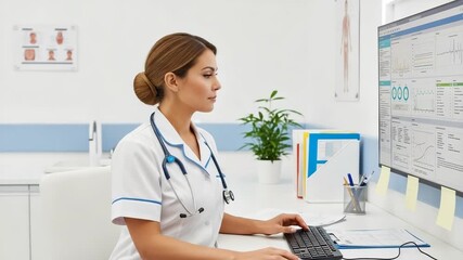 Female adult caucasian healthcare professional working on a computer in a modern clinic office. She is analyzing medical data and patient records for digital health management - Powered by Adobe