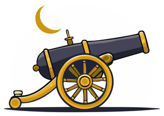 Fototapeta premium Antique cannon with golden crescent moon illustration for celebratory events