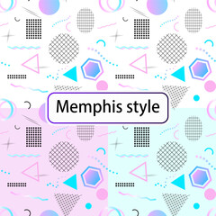 Abstract seamless geometric pattern in Memphis style with various minimalistic shapes and isometric elements. EPS10