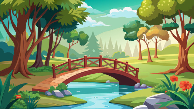 Very beautiful peaceful scene of a small bridge crossing a calm river inside a green park, surrounded by trees and natural light creating a quiet and relaxing atmosphere.