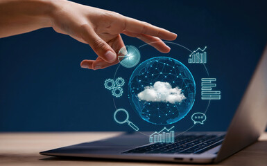 AI cloud computing and data analytics concept. Businessman touching virtual globe with cloud AI icon image