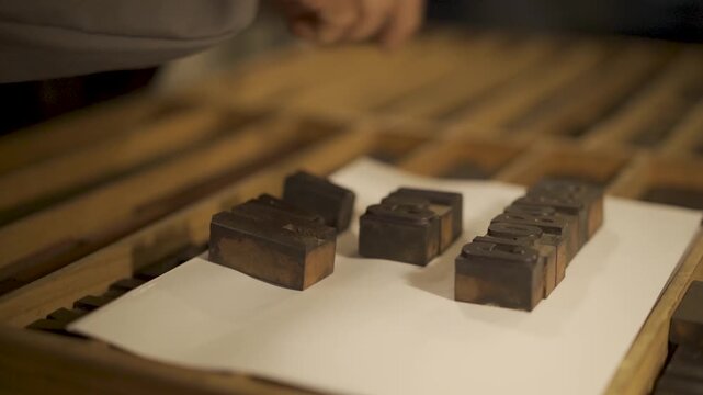 
An old-fashioned printing press operator places the iron letters for printing an old newspaper.
