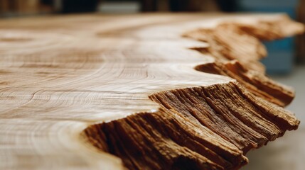 A wooden table with natural edges is displayed in a workshop. The grain and texture of the wood can be seen clearly. Tools and materials surround the table in the background.