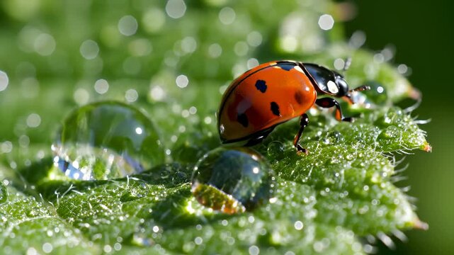 Ladybug on dew covered leaf
