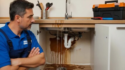 Male adult caucasian plumber inspecting a severe kitchen sink leak. Dirty water drips from the damaged pipe onto the cabinet floor, indicating a plumbing emergency