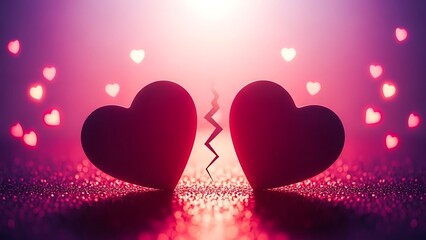 Cracked hearts with sparkling background and glowing lights