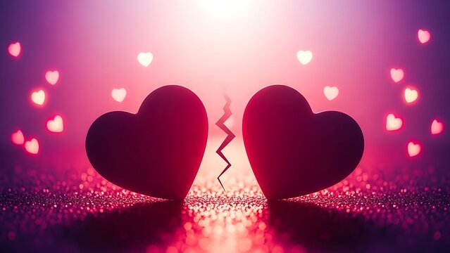 Cracked hearts with sparkling background and glowing lights