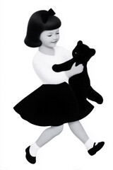 Illustration girl character with teddy bear and playful walking pose featuring minimalist style, soft monochrome palette, and warm mood