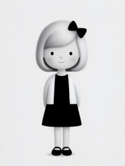 Illustration girl character with black dress and bow featuring minimalist style, soft monochrome palette, and serene mood