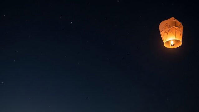 A single glowing sky lantern drifts upwards against a dark star speckled night sky emitting a warm light