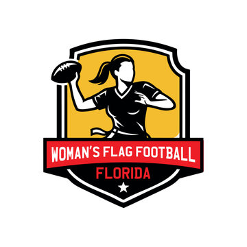Women flag football Florida team logo with strong female athlete vector emblem