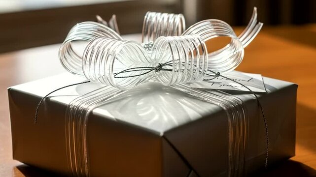 A shiny silver wrapped present with a clear ribbon and bow on a wooden surface near a window