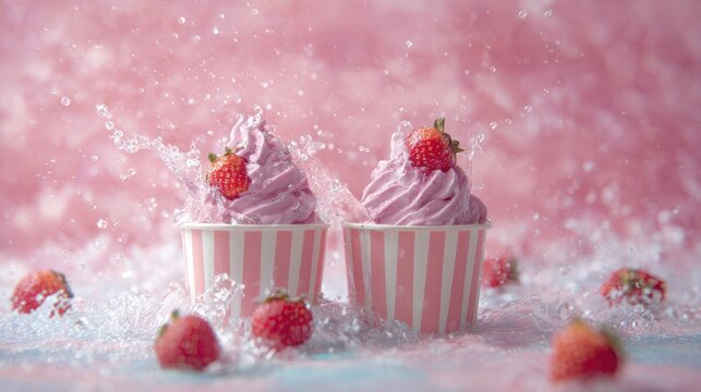 Ice cream with strawberries splashing in water on a pink background - Powered by Adobe