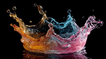 Fototapeta premium Vivid split-toned liquid splash, crown-shaped, against black backdrop