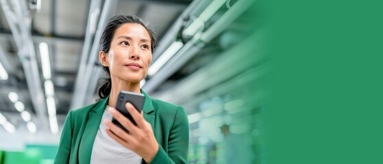 Focused Asian network operations manager in her late 30s holding smartphone in high-tech server room. Professional woman in green blazer monitoring telecom infrastructure, banner for network services