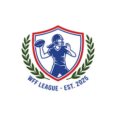 Naklejka premium Women football league crest logo with helmet and laurel wreath vector emblem