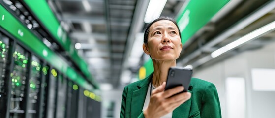 Focused Asian female network operations manager in her late 30s standing in server room holding smartphone. Professional telecom expert in green business jacket monitoring infrastructure. Banner