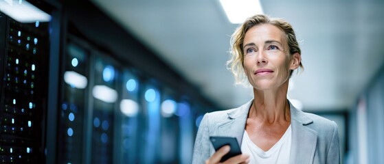 Analytical European female cloud consultant in her early 40s walking through modern server room holding smartphone. Thoughtful IT expert in grey suit reviewing data, banner cloud services